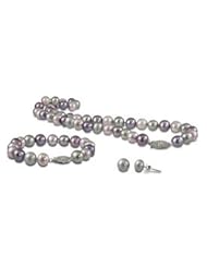 14K white gold 8.5-9.5 dyed multi color plum, lavendar and grey 3 piece necklace, bracelet and earring set.