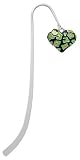 Lime Green Enamel Cheetah Print Heart Silver Plated Charm Bookmark with Peridot Swarovski Drop