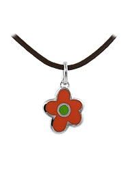 Silver Enameled Flower Pendant Leather Cord Kids & Teens Necklace