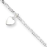 Sterling Silver 10inch Polished Dangling Hearts on Figaro Anklet