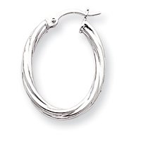 14k White Gold 3mm Twisted Oval Hoop Earrings
