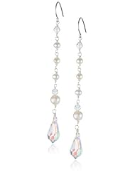 Sterling Silver Freshwater Cultured Pearl Linked with Swarovski Element Long Linear Earrings
