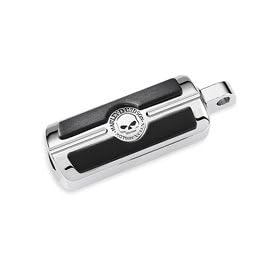 Harley-Davidson� Willie G.� Skull Footpeg Kit. Black rubber pads and polished chrome-plated. Features sinister skull logo surrounded by "Harley-Davidson�" script. Fits all models with H-D� male mount style footpeg supports (pair). 50370-04