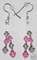 Rose & Black Diamond Faceted Swarovski Crystal Sterling Silver Dangle Earrings