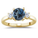 0.20 Cts Diamond & 0.52 Cts London Blue Topaz Three Stone Ring in 18K Yellow Gold