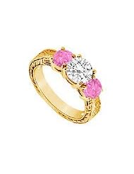 Three Stone Pink Sapphire and Diamond Ring : 14K Yellow Gold - 1.25 CT TGW