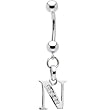 Solid 14k White Gold Cz Initial N Belly Ring