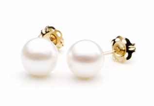 Childrens Toyshop  Jewelry : AAA Quality Round 7.5-8mm Akoya SaltWater cultured White Pearl Earrings with 14K Yellow Gold Mount