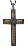 STEL Black Ion Stainless Steel Diamond Accent and Gold Color Cable Inlay Cross Pendant
