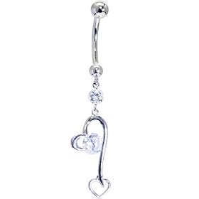 Solid 14KT White Gold Cubic Zirconia HEART FANTASY Dangle Belly Ring by Belly Rings in 14K Gold