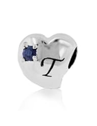 Sterling Silver Alphabet T Pandora Style Charm Bead with 2 Pieces 3mm Dark Blue Natural Sapphire , Fits Pandora and All Brands Charm Bracelets and Necklaces.