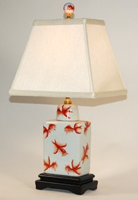 Traditional Asian Koi Patterned Rectangular Porcelain Accent Table Lamp