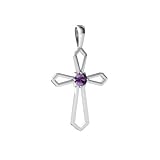 14K White Gold Round Genuine Amethyst Cross Pendant