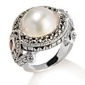 Cultured Mab; Pearl, Garnet and Marcasite Sterling Silver 
