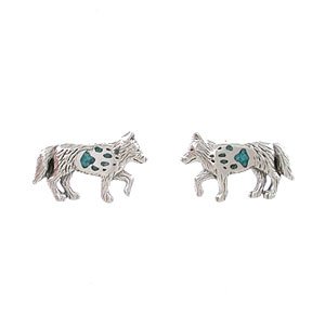 Southwestern Style Wolf Stud Earrings in Sterling Silver with Turquoise Inlaid Paw Print, #7902
