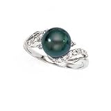 14k White Gold, Diamond & Tahitian Black Pearl Ring (0.32ctw)- Sizes 6-8