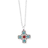 Silver Necklace With Coral and Turq. Cross Pendant 16
