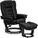 Overstuffed Black Leather Recliner and Ottoman - Swiveling Mahogany Wood Base
