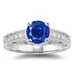 0.57 Ct Diamond & 1.60 Cts Blue Sapphire Filigree Ring in 14K White Gold