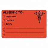 Drug Allergy Medical Warning Labels, 4 X 2-1/2, Fluor Red, 100/Roll