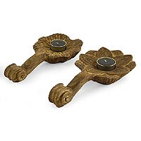 NOVICA Teak candleholder Queen Lotus (pair)