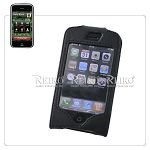 Black Colored, Vertical, Premium Genuine Leather Apple iPhone Case Holster Cover with Leather Belt Clip and Built-in Screen Protector