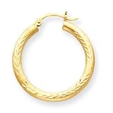 14k 3mm Satin and Diamond-Cut Hoop Earrings