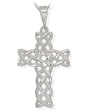 White Gold Detailed Religious Celtic Cross with 18 Inch Chain