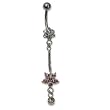 Stainless Steel Belly Ring with Clear/Pink Australian Crystals - Dangling flowers 14g/5mm ball