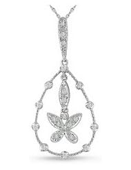 1/7 Carat Diamond 14K White Gold Butterfly in Drop Pendant w/ Chain