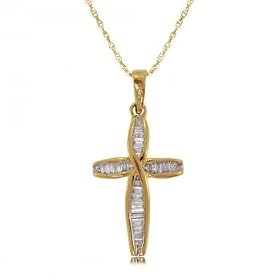 10k Yellow Gold Cross Pendant w Baguette Diamonds