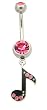 Stainless Steel Belly Ring with Pink Crystals - Dangling Music Note