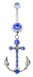 Stainless Steel Belly Ring with Blue Crystals - Cross Anchor Dangling