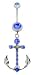 Stainless Steel Belly Ring with Blue Crystals - Cross Anchor Dangling
