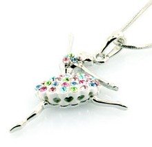 Gorgeous Large Dancing Girl White with Multi-Color Crystal Skirt Charm Necklace