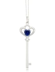 10k White Gold Heart Key Created Blue Sapphire Pendant Necklace 18"
