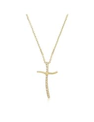 Alexander James 14k Gold Bonded Cross Pendant with Round Cut Cubic Zirconia Fit into the Elongated Portion in Goldtone Chain Included