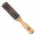 A narrow, satin wood, pure black bristle brush. A narrow flat faced dual timber brush made from satin wood and beech. The beech face is filled with stiff black bristle whilst the back is capped in satin wood. A remarkable brush for dressing long hair. The stiff bristle helps clean hair whilst promoting shine and stimulation to the scalp.