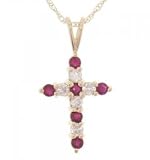 14KT Gold Cross Pendant w/ 18in Long Chain Ruby Diamond