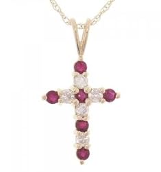 Ruby & Diamond Cross Pendant Necklace 18 Inch in 14K Yellow Gold