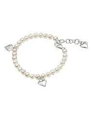 Silver Pearl Diamond Hearts Charm Childrens Bracelet (5 1/2-6 1/4 in)