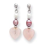 14k White Gold Cultured Pearl Rose Quartz Heart Dangle Post Earrings SE864 - B000VKW22S