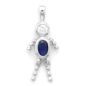 September Birthstone Boy Pendant. Rhodium Plated Dark Blue Cz. - Free Shipping