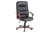 High Back Executive Plush Black Leather Chair With Wood Base & Armrests