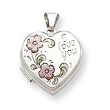 Sterling Silver Floral I Love You 18mm Heart Locket with 20 inch Sterling Silver Chain