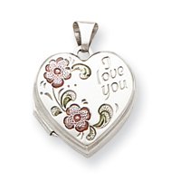 Sterling Silver Floral I Love You 18mm Heart Locket with 20 inch Sterling Silver Chain