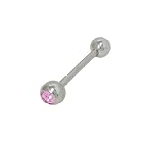 Pink Jeweled High Polish Titanium Barbell Tongue Ring - 14 Gauge - 15mm