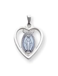 Sterling Silver Heart Blue Epoxy Miraculous Medal QC3508"