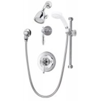 Symmons Deluxe Temptrol pressure balancing mixing valve with white insert handle, wall/hand shower with flexible hose and super shower head D-96-500-B30-V-231-LPO