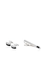 SILVIO SILVANI Alfiler Para Corbata + Gemelos Con Piedra Negra Plateado